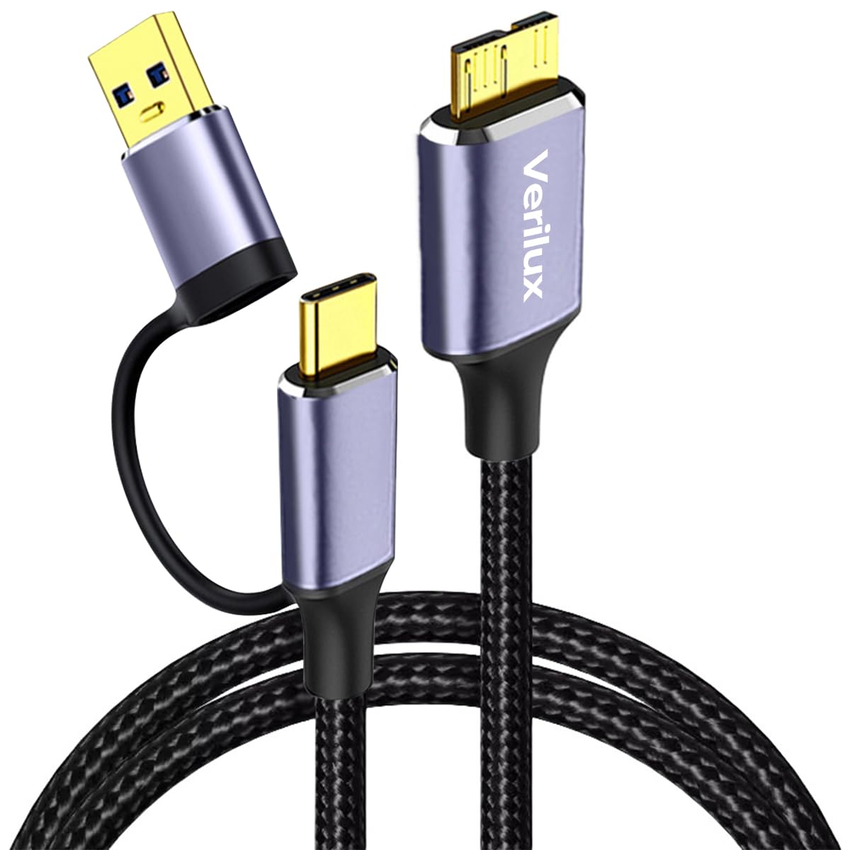 Verilux® Micro B Cable 2 in 1 USB 3.0/Type C to Micro B Cable Type C to Micro B Cable 19.6'' Micro B Cable Hard Drives Data Sync Cable Nylon Braided USBtoMicro B Cable For Seagate WD