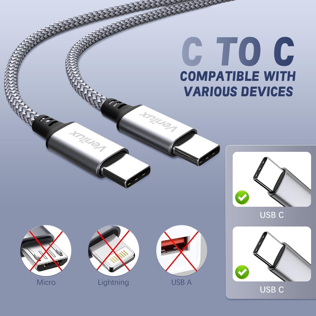 Verilux® 60W USB C to USB C Fast Charging Cable 480Mbps Data Transfer 9.8Ft Nylon Braided Cable For Computer, Smartphone