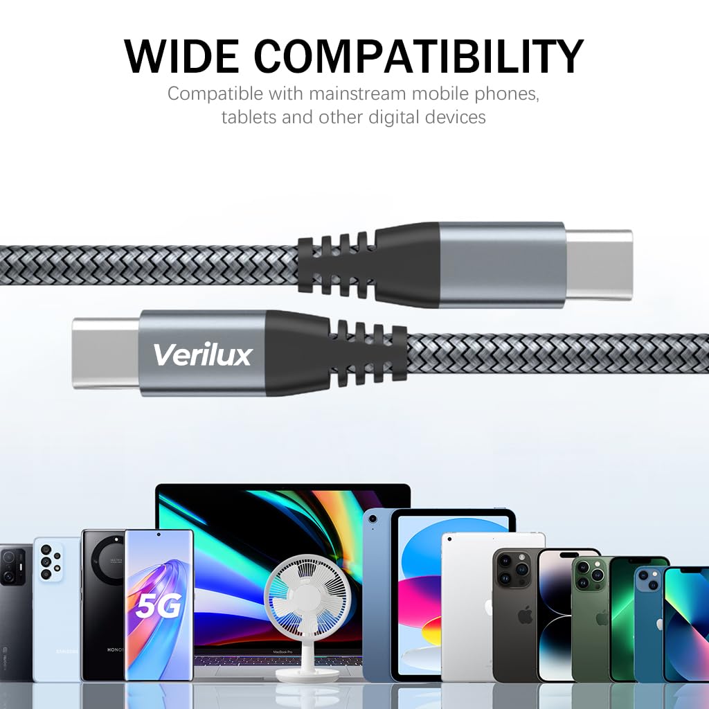 Verilux USB C to USB C Cable 10ft 60W Fast Charging with 480Mbps Sync | Braided Nylon