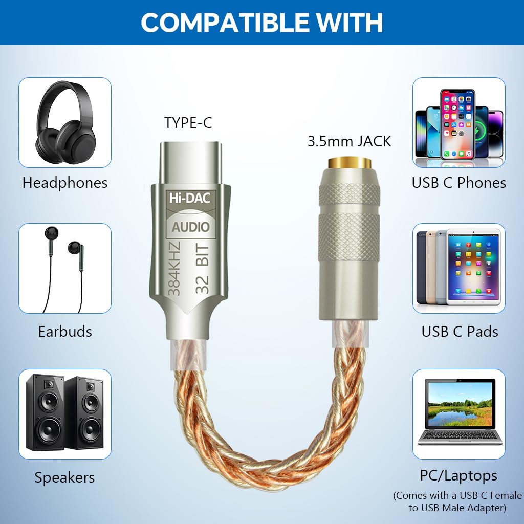 Verilux USB Type C to 3.5mm Audio Jack Adapter with HiFi DAC