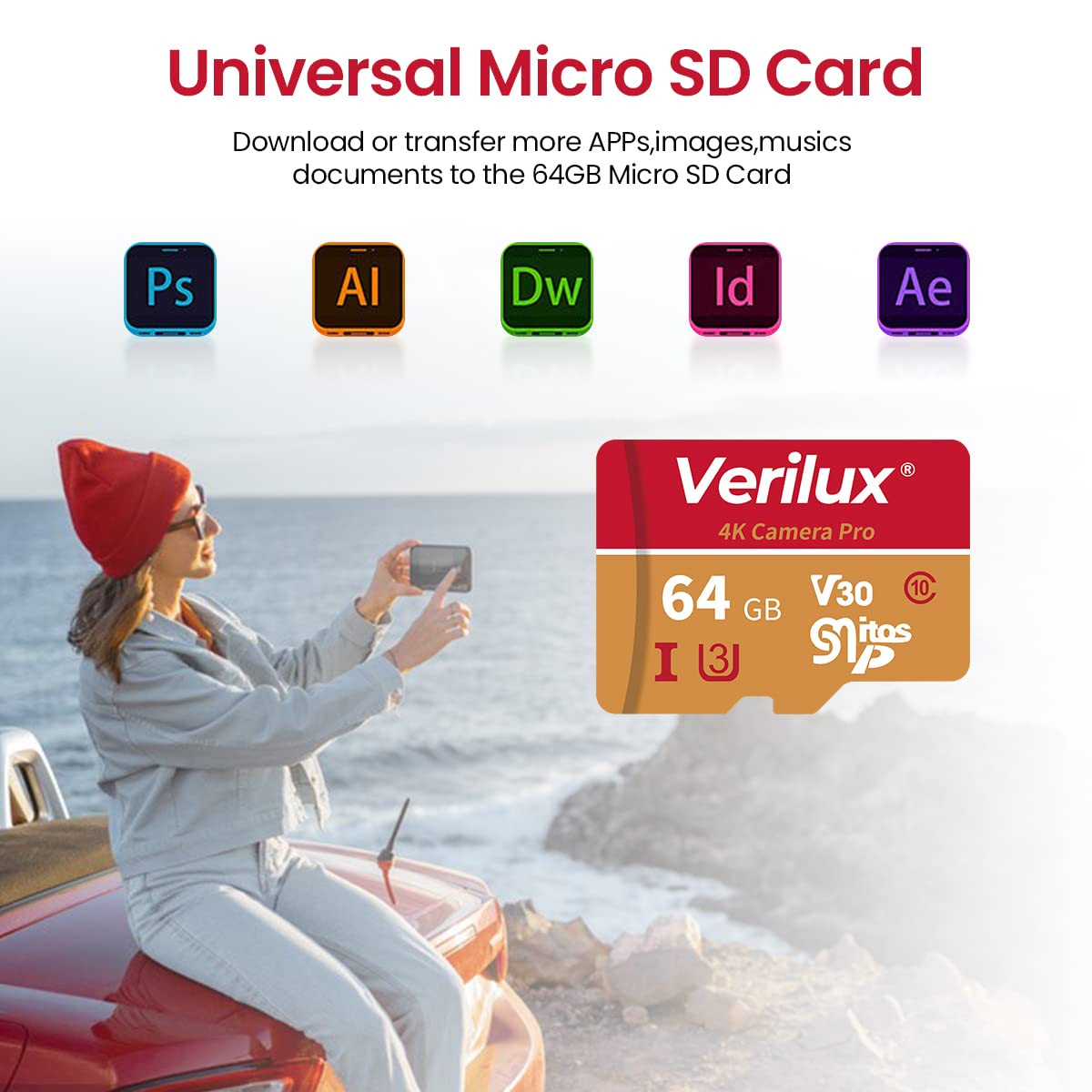 Verilux® Micro SD Card 64 GB Universal Camera SD Card Memory Card with SD Card