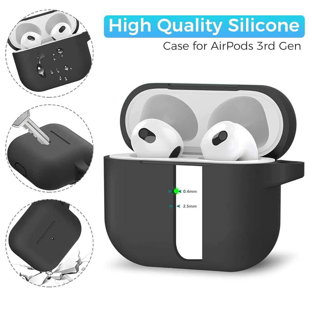 ZORBES® for AirPods 3rd Generation Case Cover Protective Silicone Cover with Carabiner & Dual-Headed Earbud Cleaning Pen Anti-Scratch AirPods 3 Case for Apple AirPods Gen 3 Case, Black