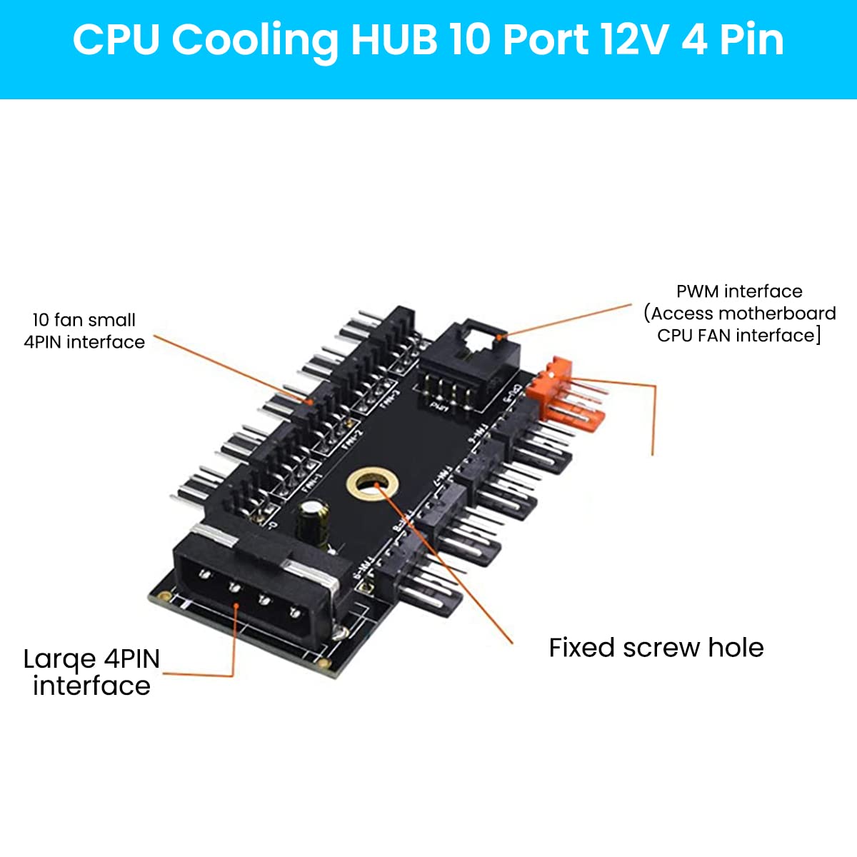 Verilux PC PWM Fan Hub CPU Cooling HUB 10 Port 12V 4 Pin Fan PWM Hub Molex Controller Fan Hub Splitter, 4-Pin PWM Fan Power Supply Extension Cable for ATX Computer Case 4-Pin and 3-Pin Cooling Fans