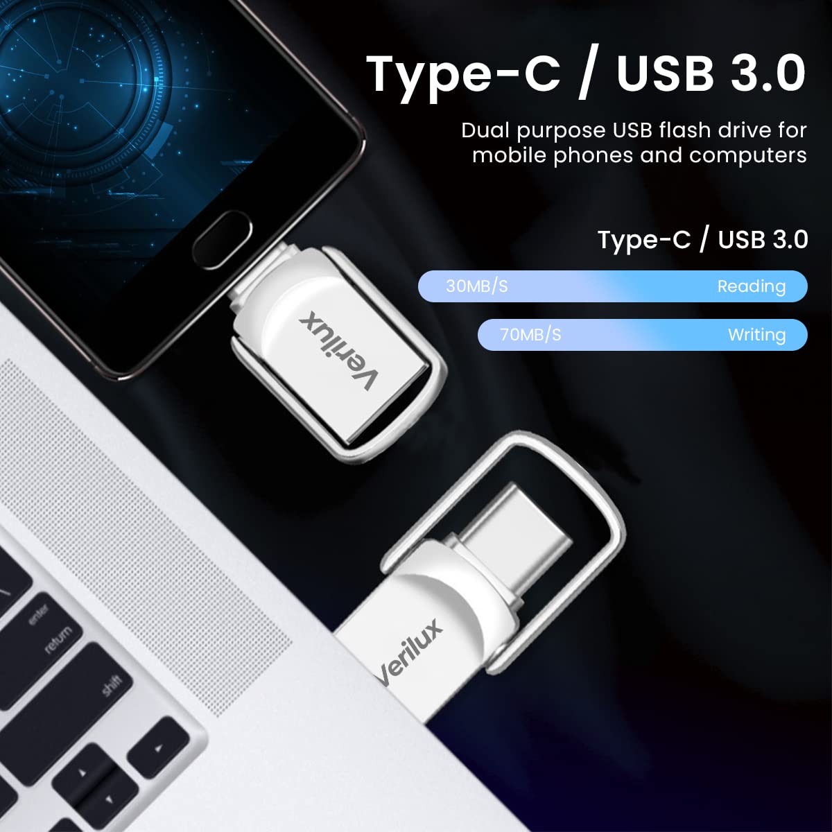 Pendrive 64GB Mini Flash Drive 2 in 1 with USB A 3.0 - Silver