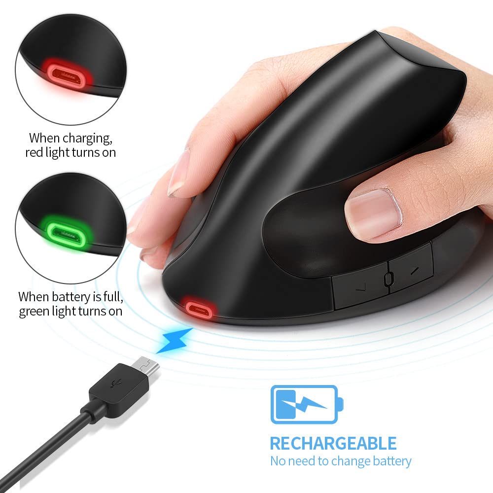 ZORBES® Wireless Vertical Mouse,2.4G Ergonomic Vertical Mouse 6 Buttons with 3 Adjustable DPI, Optical Vertical Ergonomic Laptop Mouse for Mac, PC, Desktop, Black