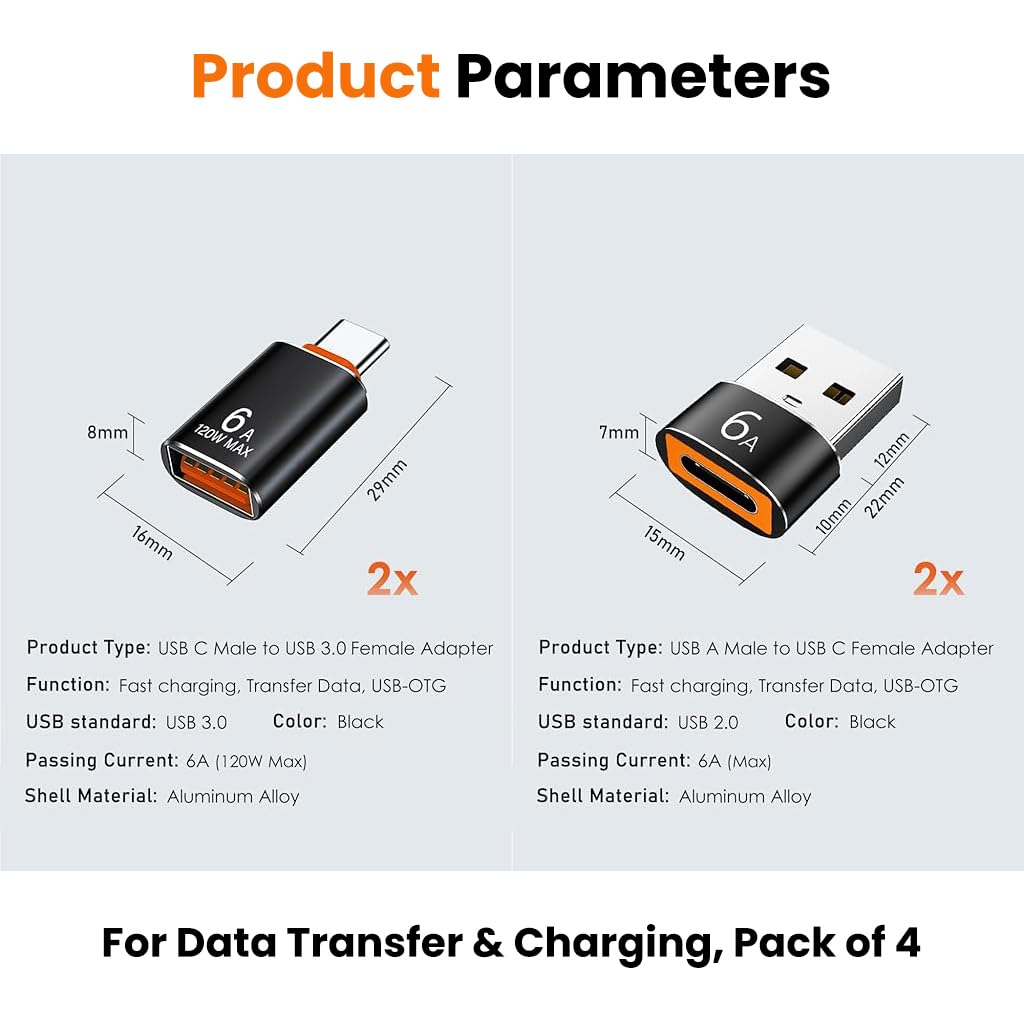 Verilux USB to Type C Adapters 4 Pack for iPhone 15/16 with 10Gbps Data Transfer | OTG Charging Support