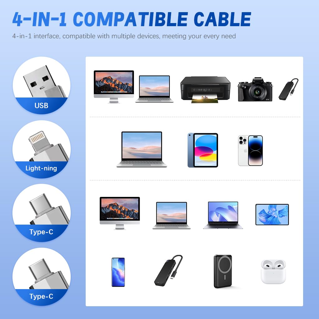 Verilux® 4in 1 Magnetic Type C to Type C Cable, 3.3Ft PD 100W Coiled USB C to Type C Fast Charging & Data, USB C to Light-ning, USB to Type C, USB C to USB C, USB C to Light-ning, Sit for iPhone 15