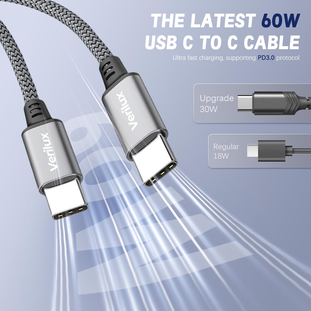 Verilux Type C to Type C Cable for Fast Charging with 60W PD and 9.8 ft Nylon Braided Design