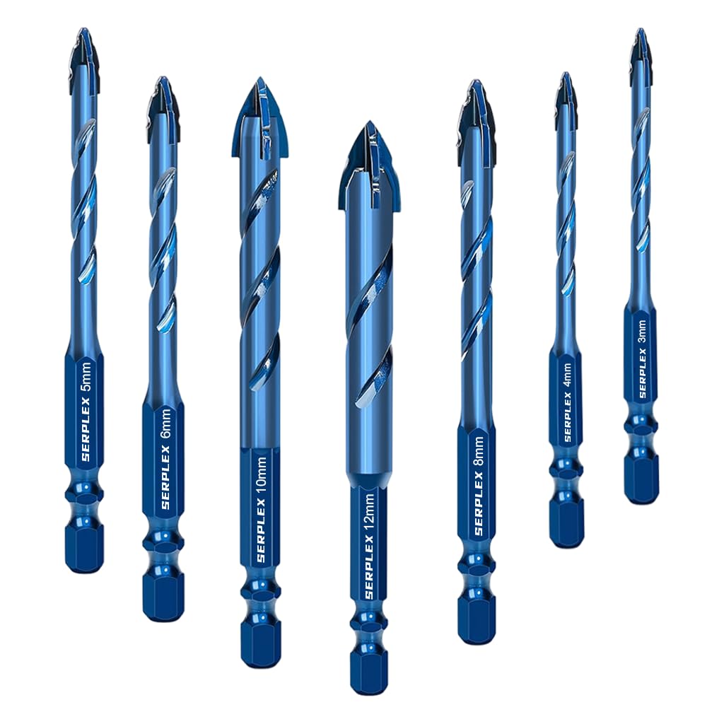 Serplex® 7Pcs Masonry Drill Bit Set, Industrial Strength Tungsten Steel Carbide Drill Bit Tip, 3/4/5/6/8/10/12mm Drilling Bits with Hexagonal Handle, for Wood, Glass, Tile, Metal (within 3mm), Plastic