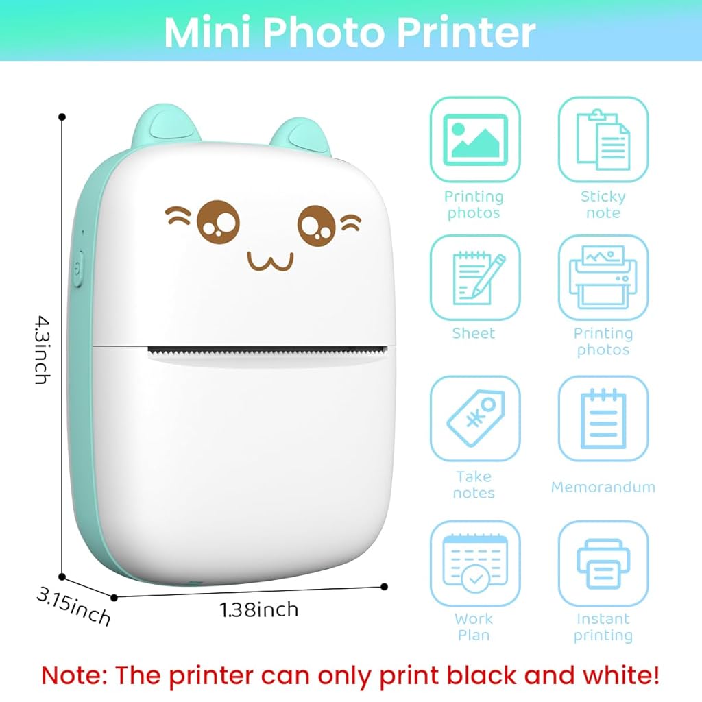 Zeitel® Mini Bluetooth Thermal Label Printer, Cartoon Label Printer Inkfree Photo Printer for Android & iOS System, Black on White Thermal Printer with 1 Roll HD Print Paper & Stickers, Blue