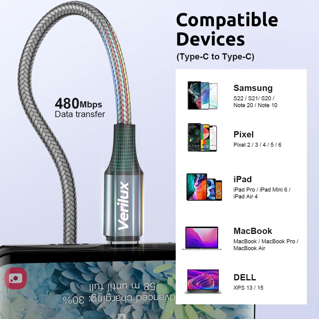 Verilux Type C to Type C Cable with 60W PD Fast Charging and 9.8 ft Nylon Braided Design