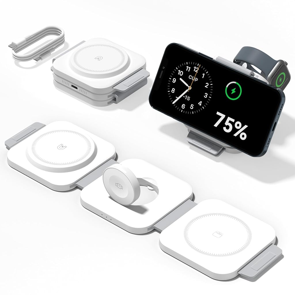 ZORBES® 3 in 1 Magnetic Foldable Mag-Safe Compatible Wireless Charger, Fast Wireless Charger Dock, Travel Charging Pad for iPhone 17 16 15 14 13 12 Pro Max Plus Watch Series & Air-Pods 4/3/2/Pro