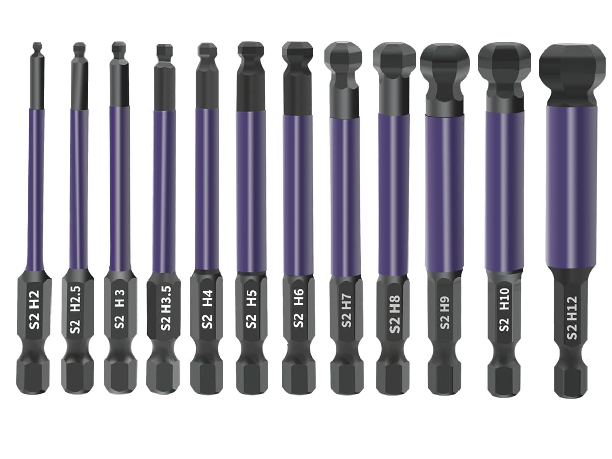 Serplex® 12Pcs Ball End Hex Screwdriver Bit Set H2-H12, S2 Steel 1/'' Hex Shank Magnetic Hex Bits Set, 2-12mm Allen Key Drill Bits with 25° Angled Ball Tip for Furniture Assembly, Automotive Repair