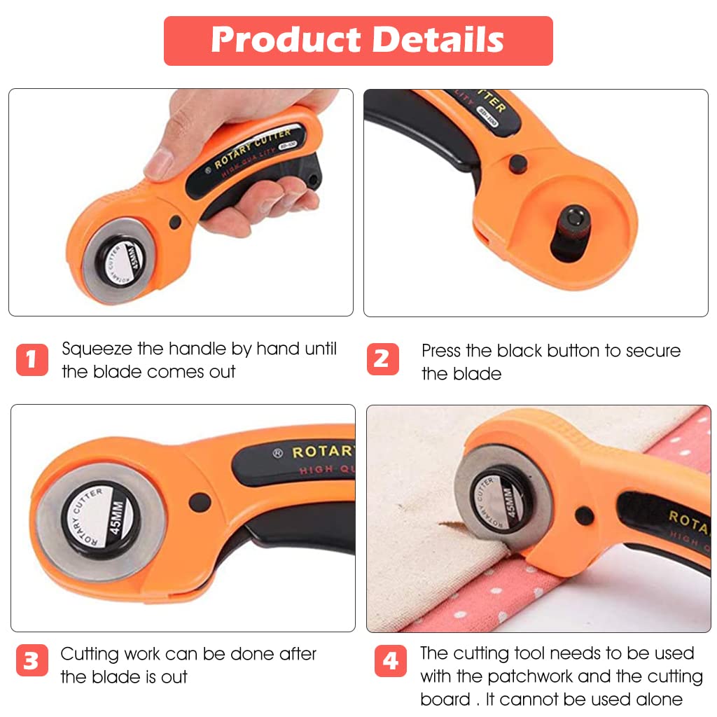 ZORBES® Alloy Steel 45mm Rotary Manual Cutter Roller with 10 Blades, Lock Button for Paper, Fabric, Cloth, Leather Craft