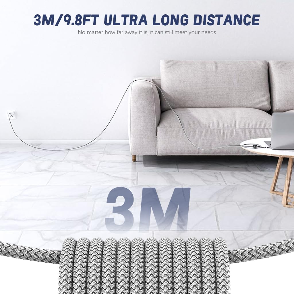 Verilux Type C to Type C Cable for Fast Charging with 60W PD and 9.8 ft Nylon Braided Design