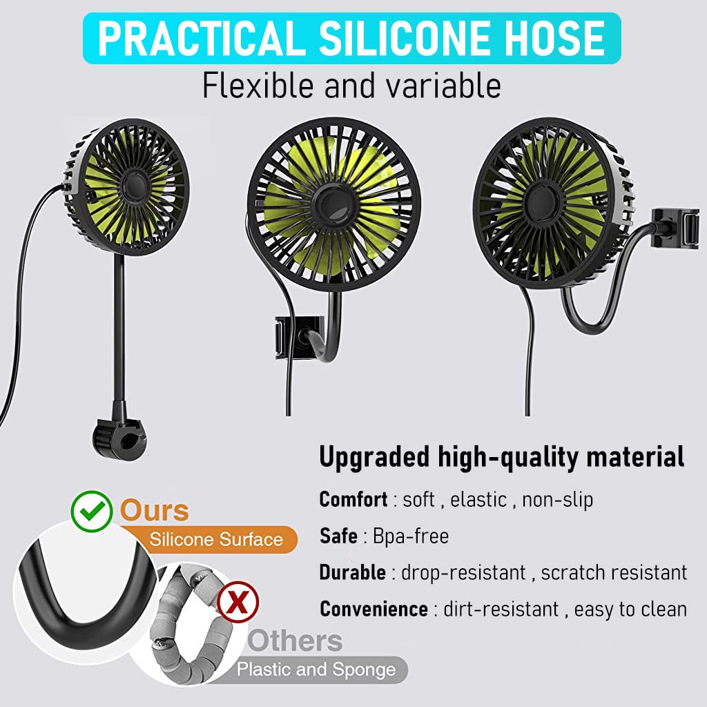 Verilux USB Fan for Car Back Seat with 3 Speed Flexible Arm Controller | 5V Plug and Play 2PCS