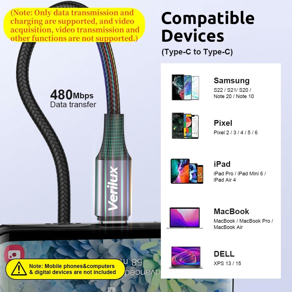 Verilux Type C to Type C Cable for Fast Charging with 16.4ft Nylon Braid | 60W PD and 480Mbps Data Transfer