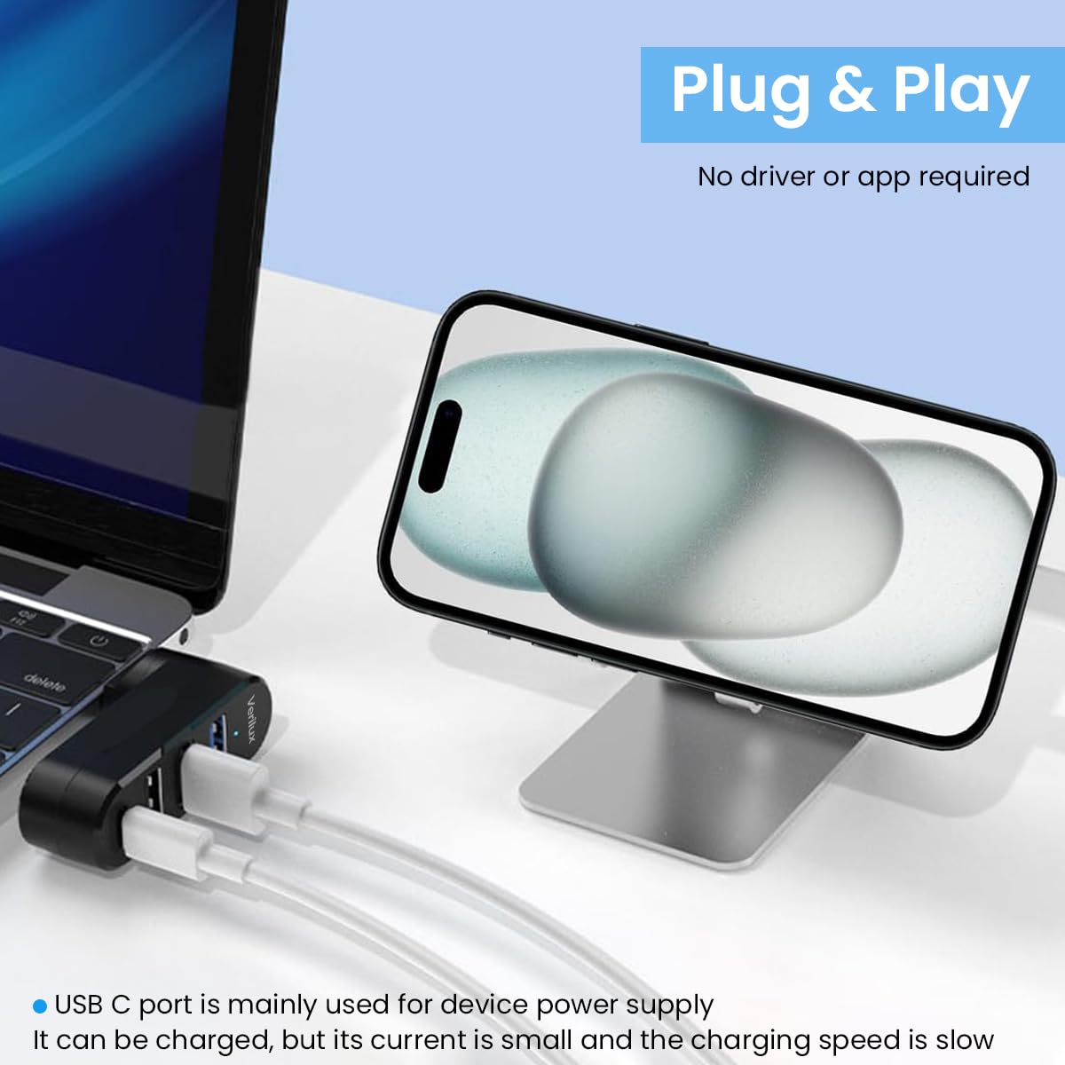 Verilux USB Hub 3.0 for PC and Laptop with 4 in 1 Ports featuring 90° Rotatable Plug Design