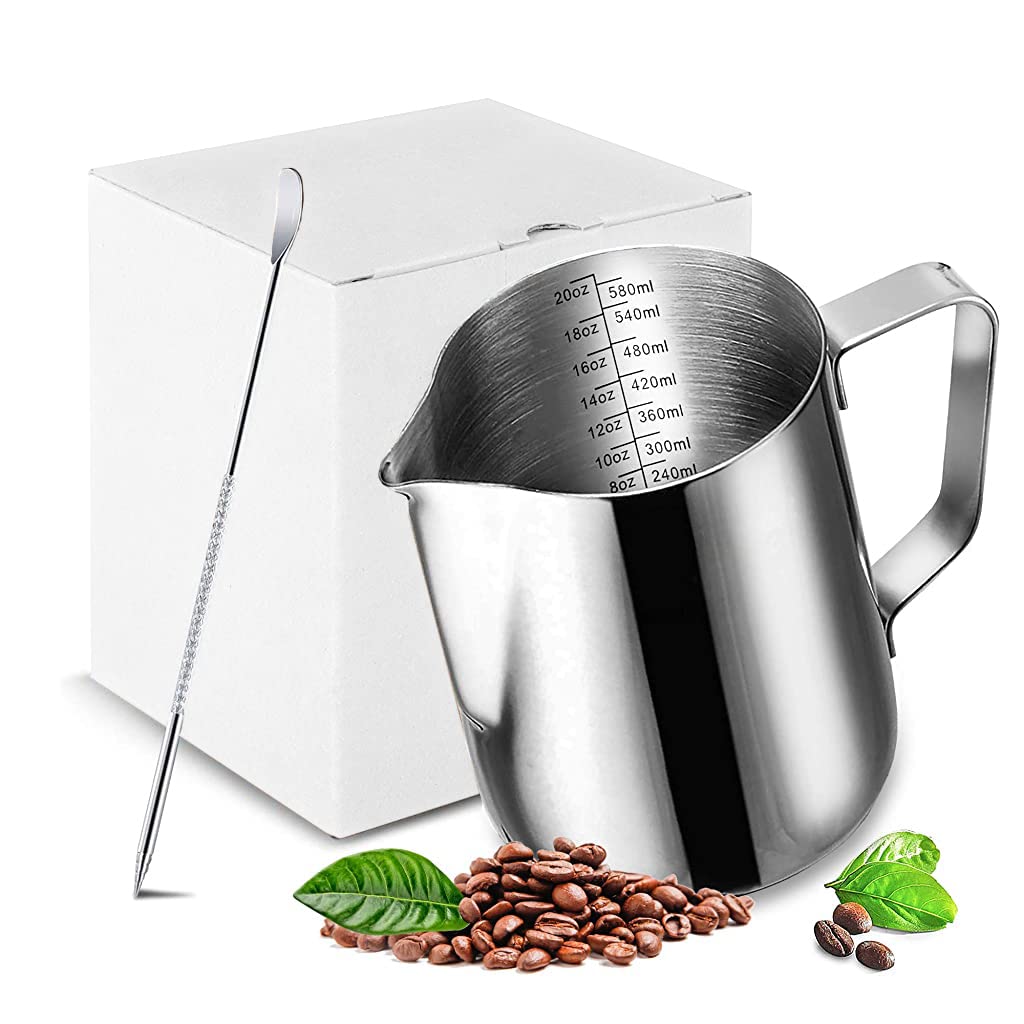 Verilux 20oz Milk Frothing Pitcher with Scale Stainless Steel Espresso Milk Frothing Pitchers for Cappuccino Barista Steam Pitchers Milk Jug Cup with Decorating Pen Latte