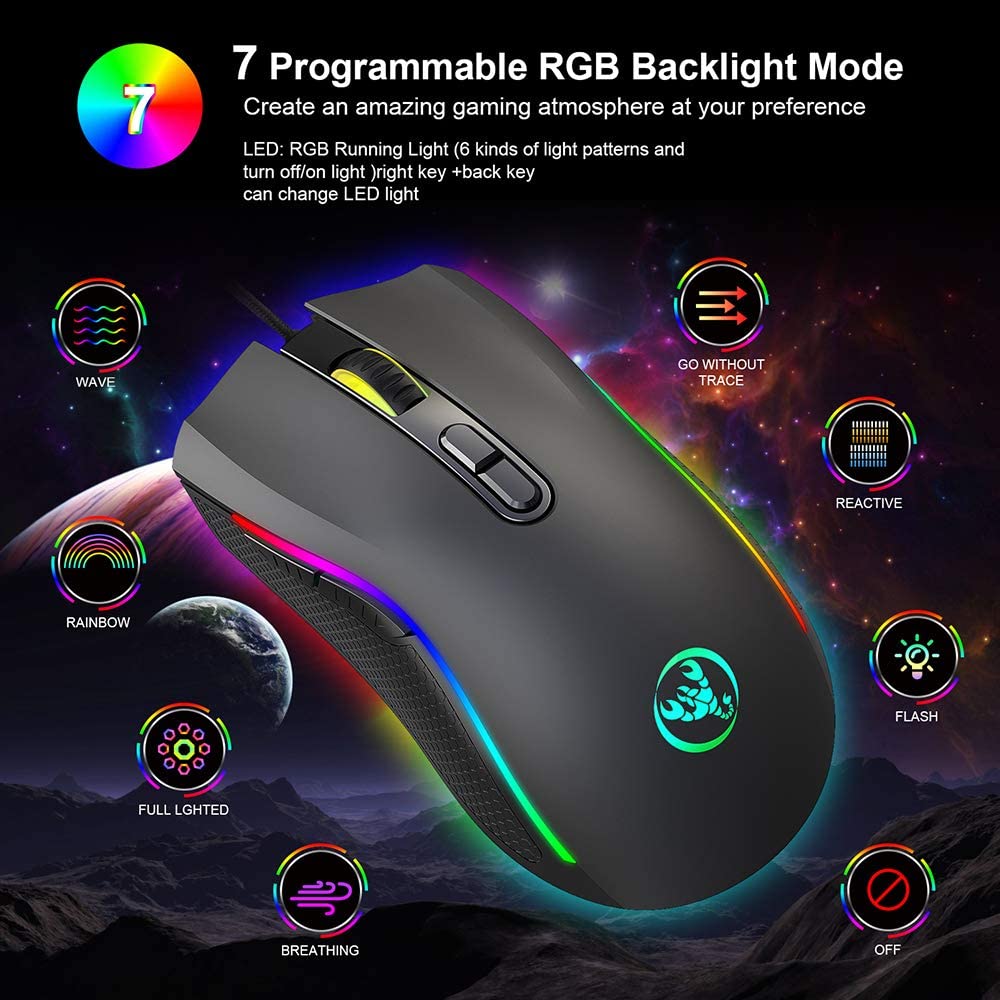 Verilux® Wired Gaming Mouse Ergonomic Gaming Mouse with 7 Programmable Keys,6 Adjustable DPI,LED Backlit USB Plug and PlayFor Laptop, PC, Windows, Mac