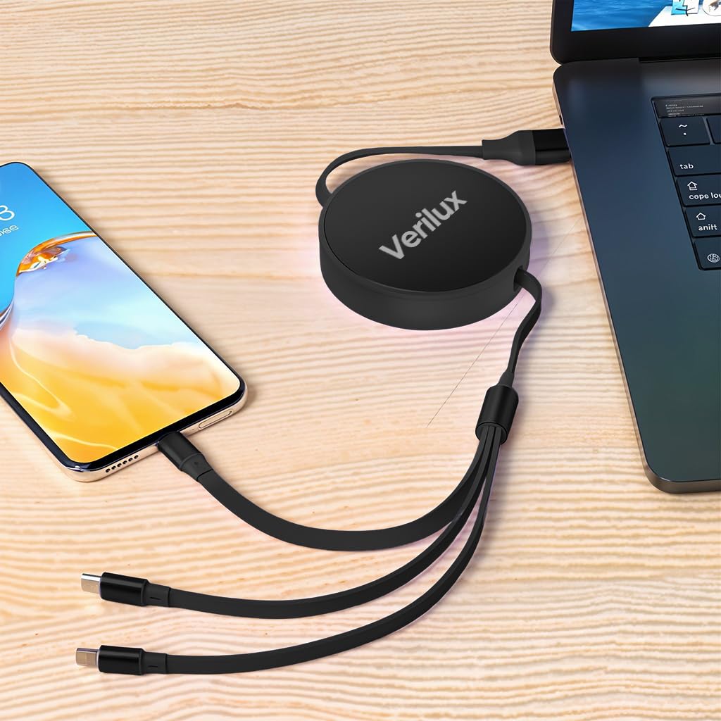 Verilux 3 in 1 USB to Type C Cable for iPhone and Android featuring 3.6ft retractable reel | PD 100W fast charging and data transfer