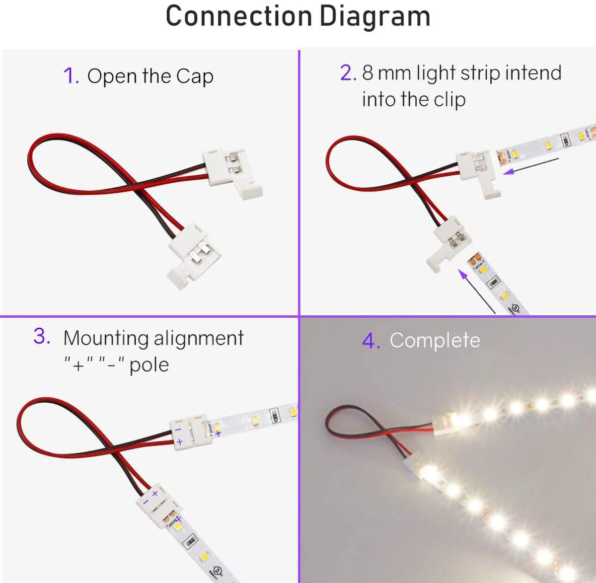 ZORBES® LED Strip Connector,2 Pin 8mm LED Connector Kit Include Seamless Connector,6Jumper Connector,DC Female & Male Connector,DC Jack Splitter for 3528 and 5050 LED Strip