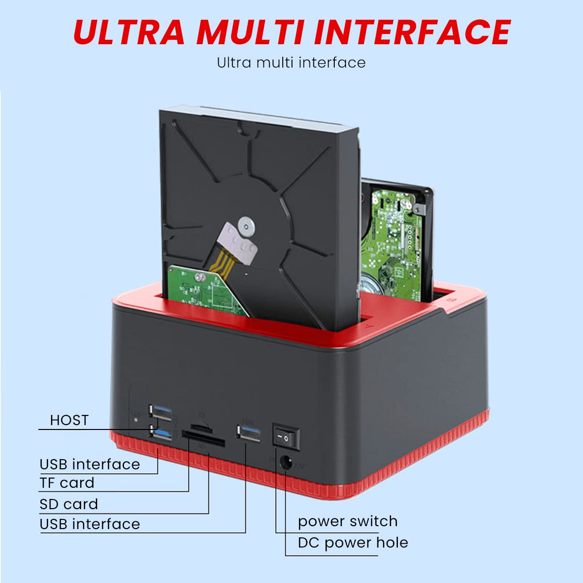 ZORBES® 2.5'' 3.5'' SSD/HDD External Enclosure, Dual Slot Hard Drive Dock with USB 3.0 Port, SD/TF Card Slot, Support 32TB Max, Offline Copy, Auto Turn Off, External Hard Drive Enclosure