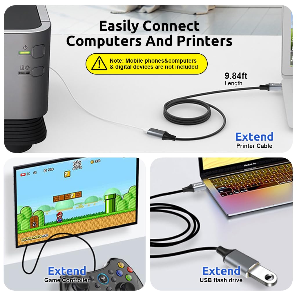 Verilux USB C Extension Cable 3.3ft with Metal Connectors and 100W PD Fast Charging | 10Gbps Data and 4K Video Transfer