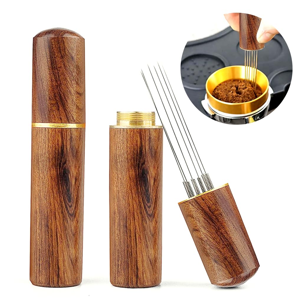 Zeitel® Espressos Coffee Stirrer Pin Tamper 6 Needles Ground Coffee Stirrer 0.4mm Fine Pin Tamper for Espresso Coffee Making Natural Wooden Handle Pin Coffee Tamper