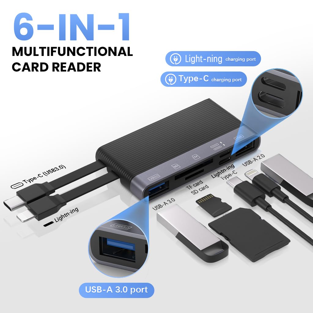 Verilux USB Hub Card Reader for iPhone and Laptop with Dual PD Charging Ports | 6 in 1 High Speed USB 3.0 Connectivity
