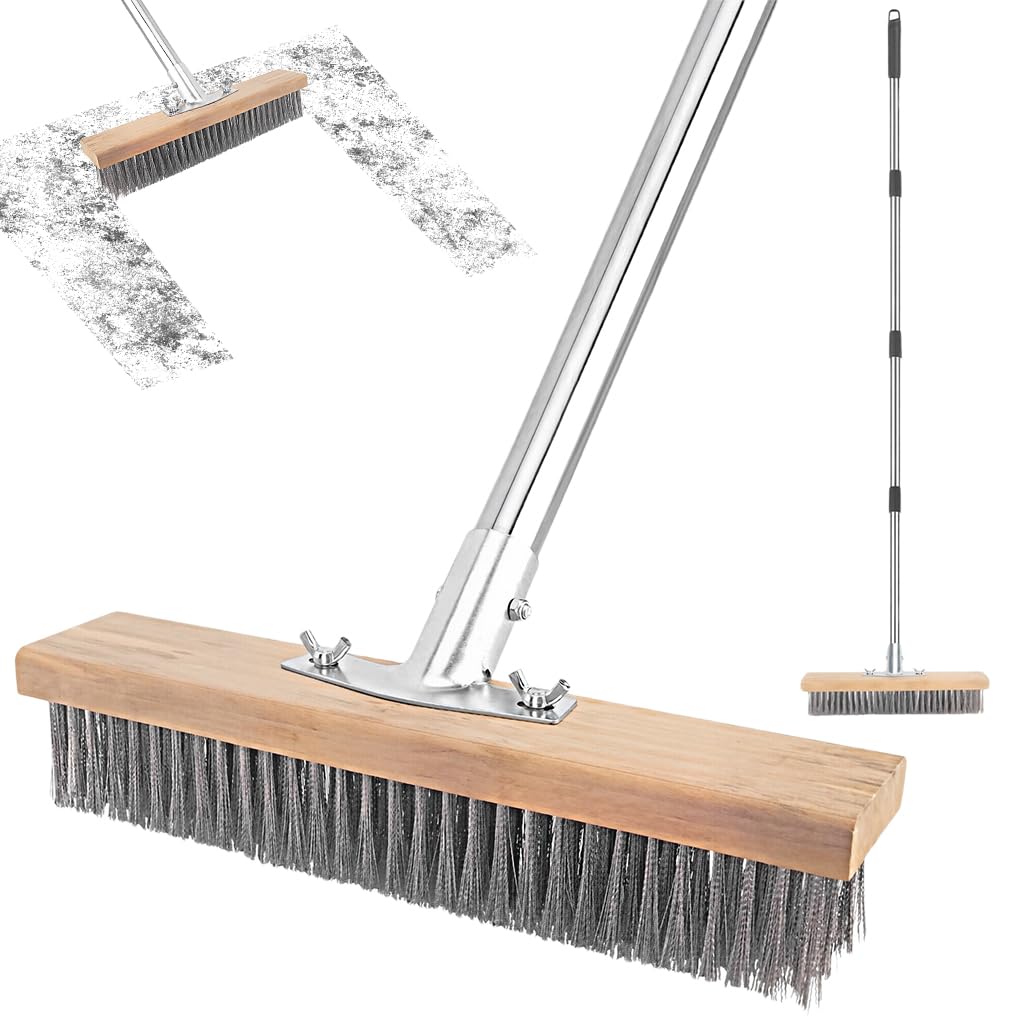 Serplex® Stainless Steel Wire Scrub Brush with Long Handle for Deck, Concrete, Patio Floor Cleaning 59'' Heavy Duty Stiff Metal Bristle Scrubber Broom Floor Scrub Brush for Outdoor Moss Removal