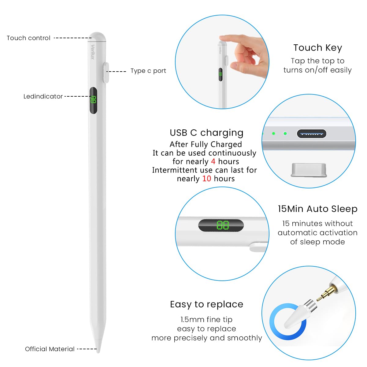 Verilux® Stylus Pen for iPad 2018 and Later iPad Stylus Pen with LCD Power Display High Precision & Double Tap ON/Off for Apple Pencil Palm Rejection Smart Pen for Tablet with Tilt Sensitivity