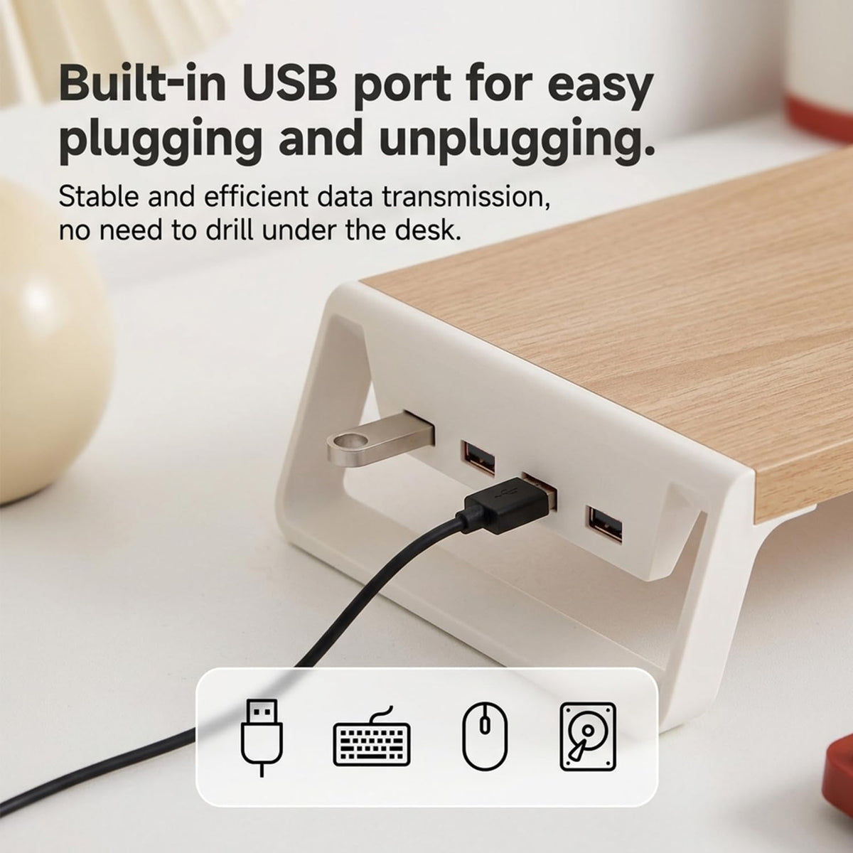 ZORBES Wooden Monitor Stand Riser with 4 USB Ports & Under-Desk Storage