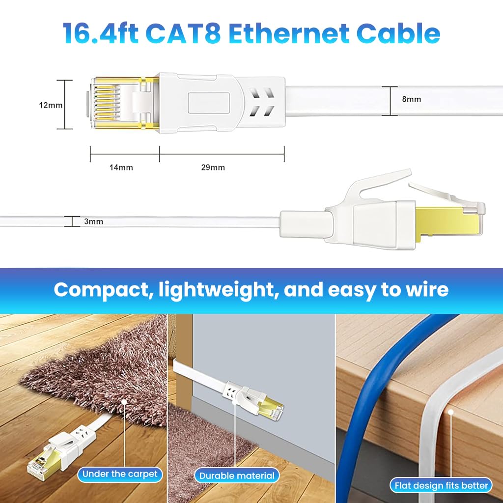 Verilux® CAT8 Ethernet Cable 5m - High Speed Shielded Flat Internet Cable, Weatherproof S/FTP UV Resistant for Router/Gaming/Modem, White