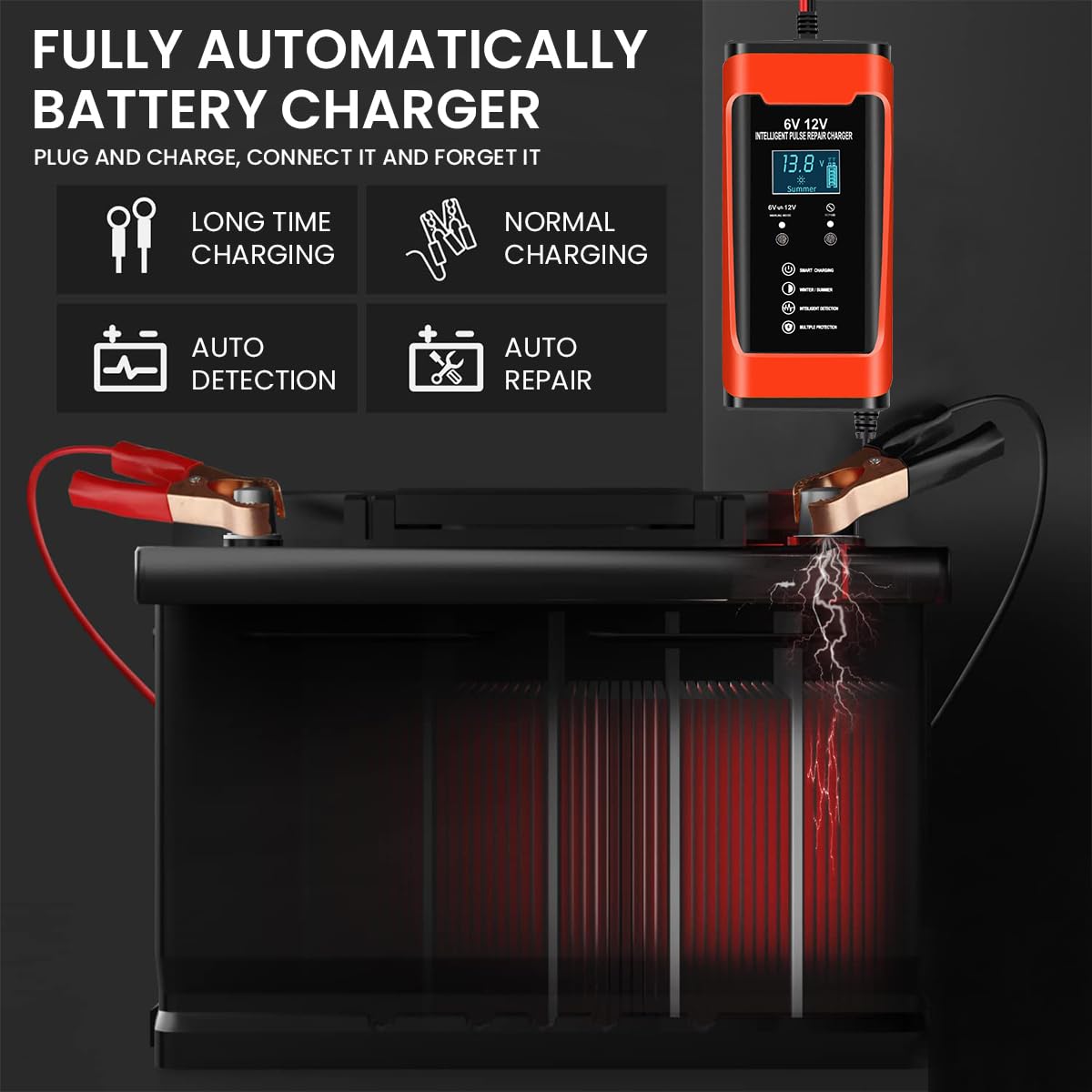 Verilux Car Battery Charger for 6V 12V Vehicles with LCD Display and Pulse Repair | 6A Max