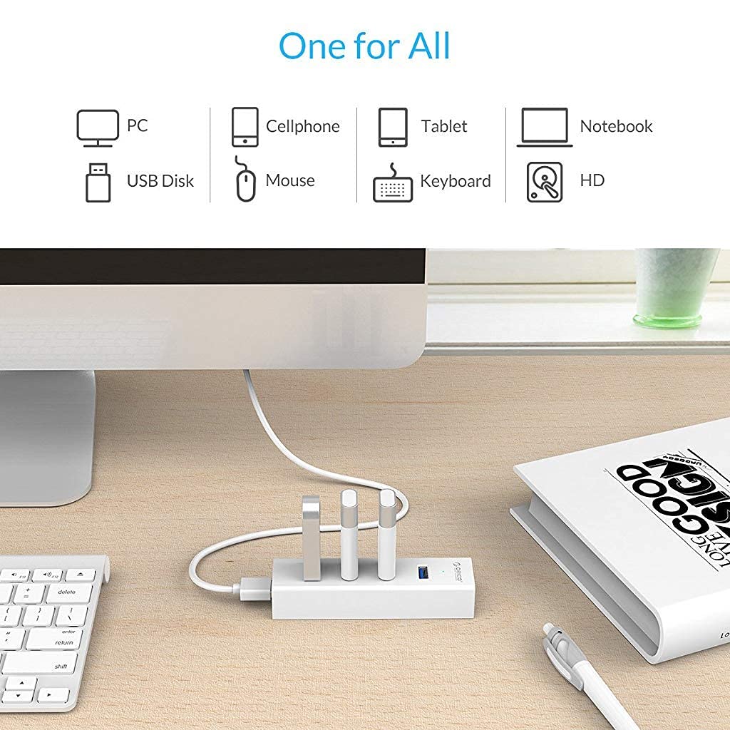 Verilux® 4-Port USB 3.0 Hub SuperSpeed for MacBook, Chromebook, Laptop, Surface and More- White - verilux