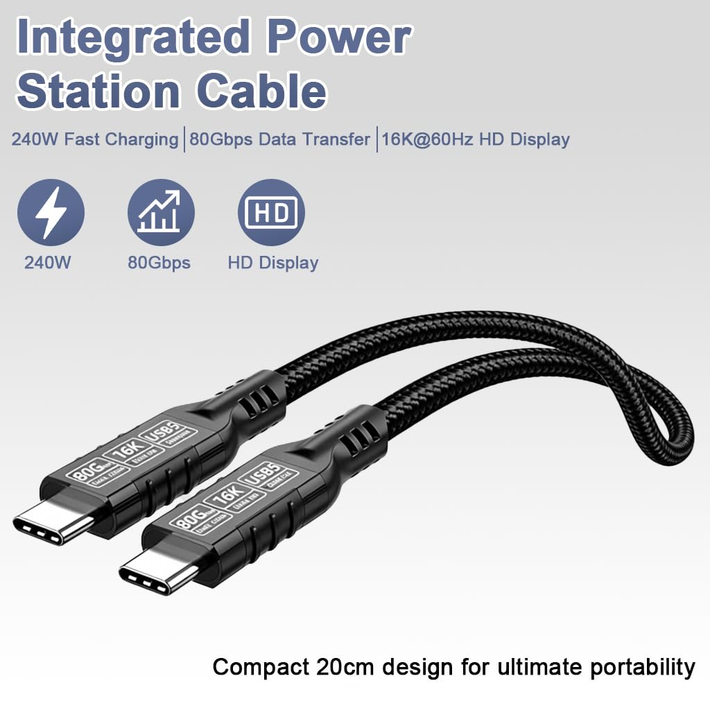 Verilux® PD 240W Type C Cable Fast Charging, 20CM C Type Charger Cable with 80Gbps Data Transfer & 16K@60Hz UItra HD Dislay for Thunderbolt 5/4/3, iPhone 17/16/15, Galaxy S25/S24/S23
