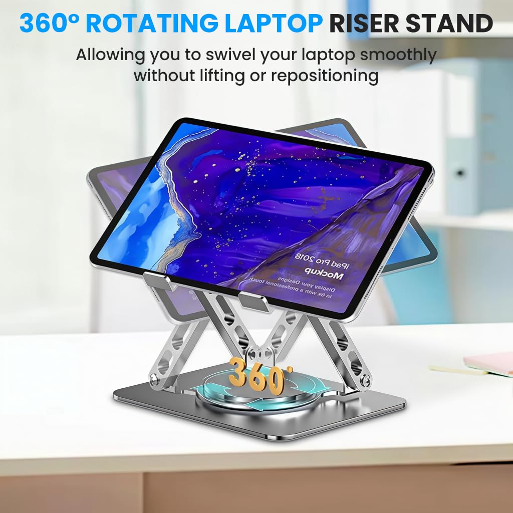 ZORBES® 360 ° Rotating Laptop Riser Stand, Carbon Steel Adjustable Laptop Holder Ergonomic Desk Support, Anti-Slip & Heat Dissipation Design, Folding Travel Notebook Stand with for Desk & Office
