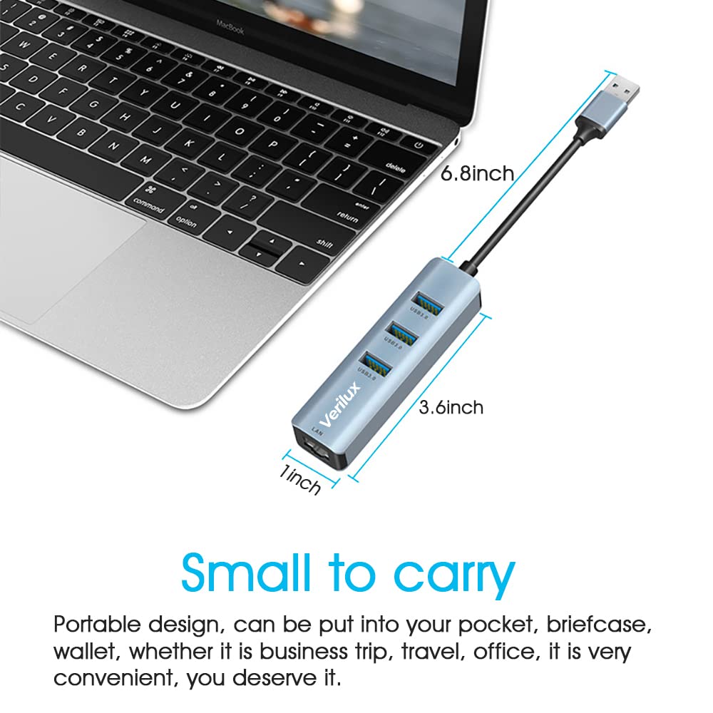 Verilux® 4 in 1 USB to Ethernet Adapter, USB 3.0,RJ45 to USB C Thunderbolt 3/Type-C Gigabit Ethernet LAN Network Adapter, Compatible