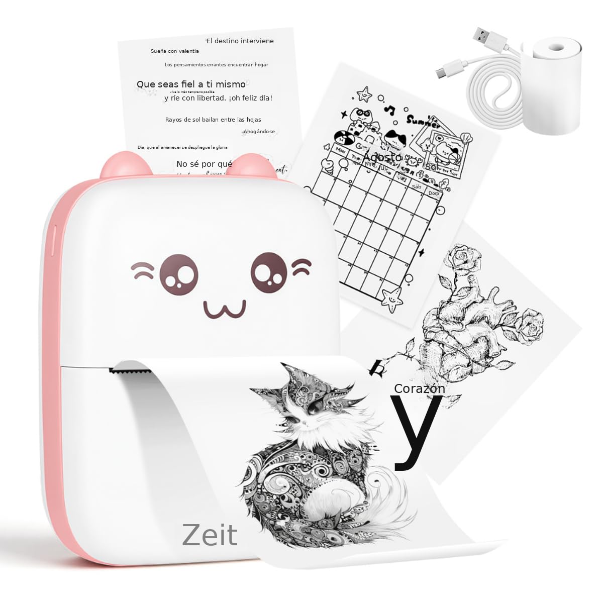 Zeitel® Portable Bluetooth Thermal Printer, USB Cordless Ink Free Printer with APP(Fun Print), Compatible with Android & iOS System, Black on White Thermal Printer with 1 Roll Print Paper