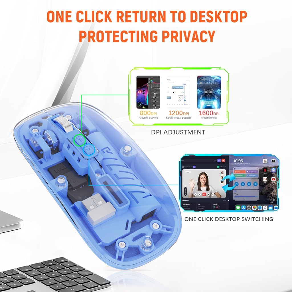 Verilux Transparent Wireless Mouse with 500mAh Battery Indicator and Dual Mode Bluetooth | Silent Adjustable DPI for Laptop and PC