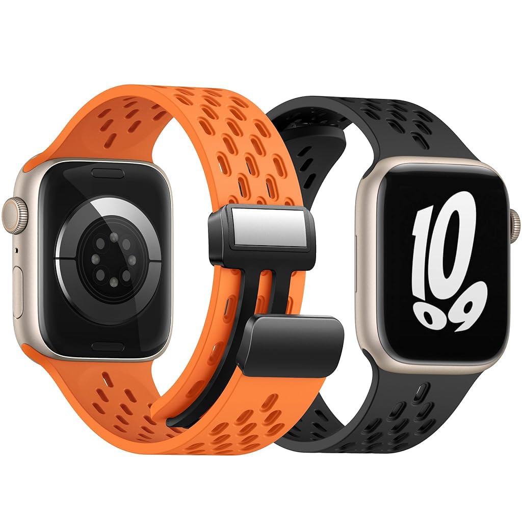 ZORBES® Watch Band 38mm Universal Watch Strap for Apple Watch 41mm/ 40mm/ 38mm Fashion Silicone Sport Wristwatch Band Adjustable Magnet Clasp Watch Band, 2pcs, Black & Orange