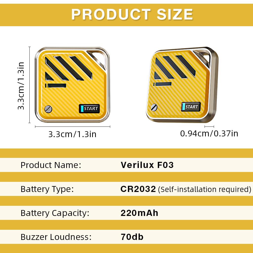 Verilux Air Bluetooth Tracker for Keys and Pets featuring 3.2x3.2x0.94 cm Loop Hole Design | Yellow