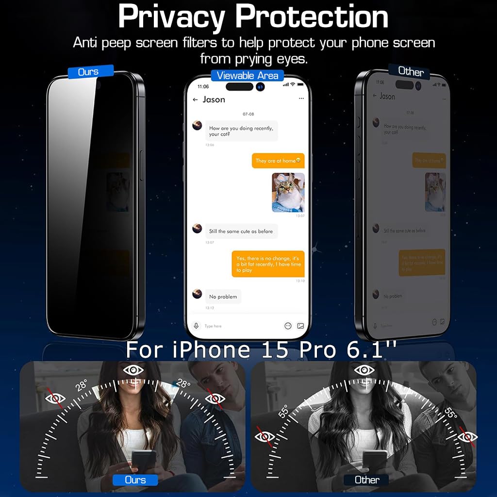 ZORBES® Privacy Screen Protector Tempered Glass Screen Protector Matte for iPhone 15 Pro 6.1'' HD Anti-glare Screen Protector for iPhone 15 Pro 2Pcs