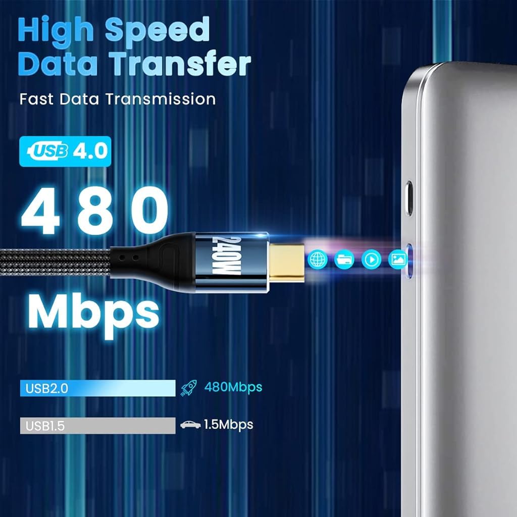 Verilux USB C to USB C Cable for Laptops and Phones with 240W PD Chip and Zinc Alloy Connector | 6.6ft Nylon Braided Fast Charging and 480Mbps Data Transfer