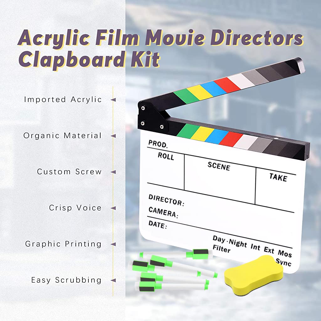 Verilux 12x10in Clap Board with Markers and Erasers for Movie Directors, Acrylic Clapboard Film Slate Cut Action Scene Clapper for Filmmaking Photography Studio Video TV