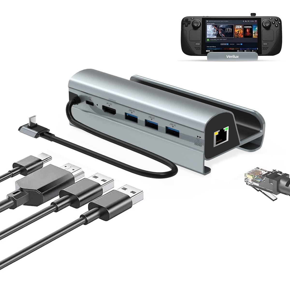 Verilux Steam Deck Dock Station 6 in 1 with HDMI 2.0 4K@30Hz and Gigabit Ethernet | USB Hub