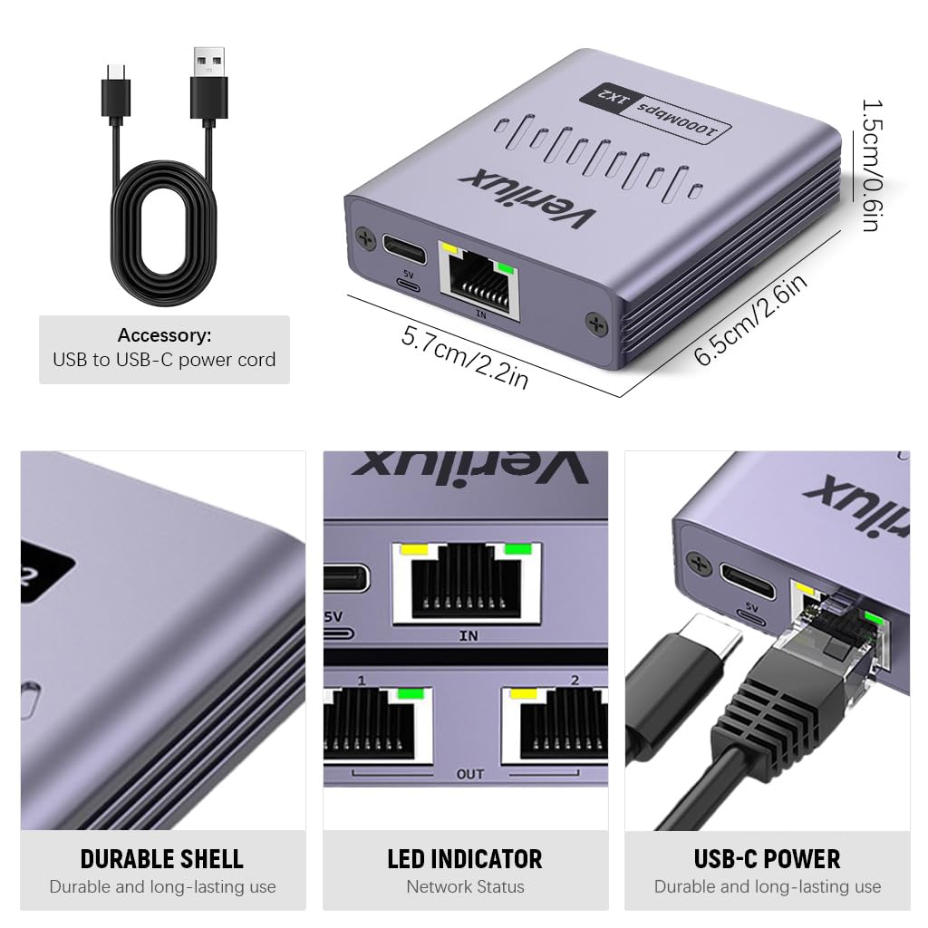 Verilux Gigabit Ethernet Splitter for Dual Device Connectivity with USB C Power | 1000Mbps 2 PCS