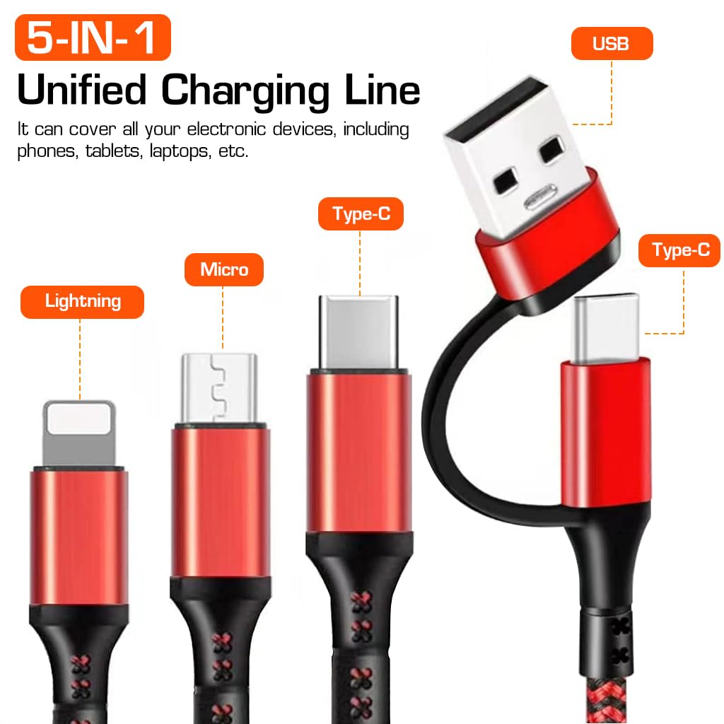 Verilux USB C Cable 5 in 1 for Phone Laptop and Tablet featuring Dual Input Ports & Nylon Braid