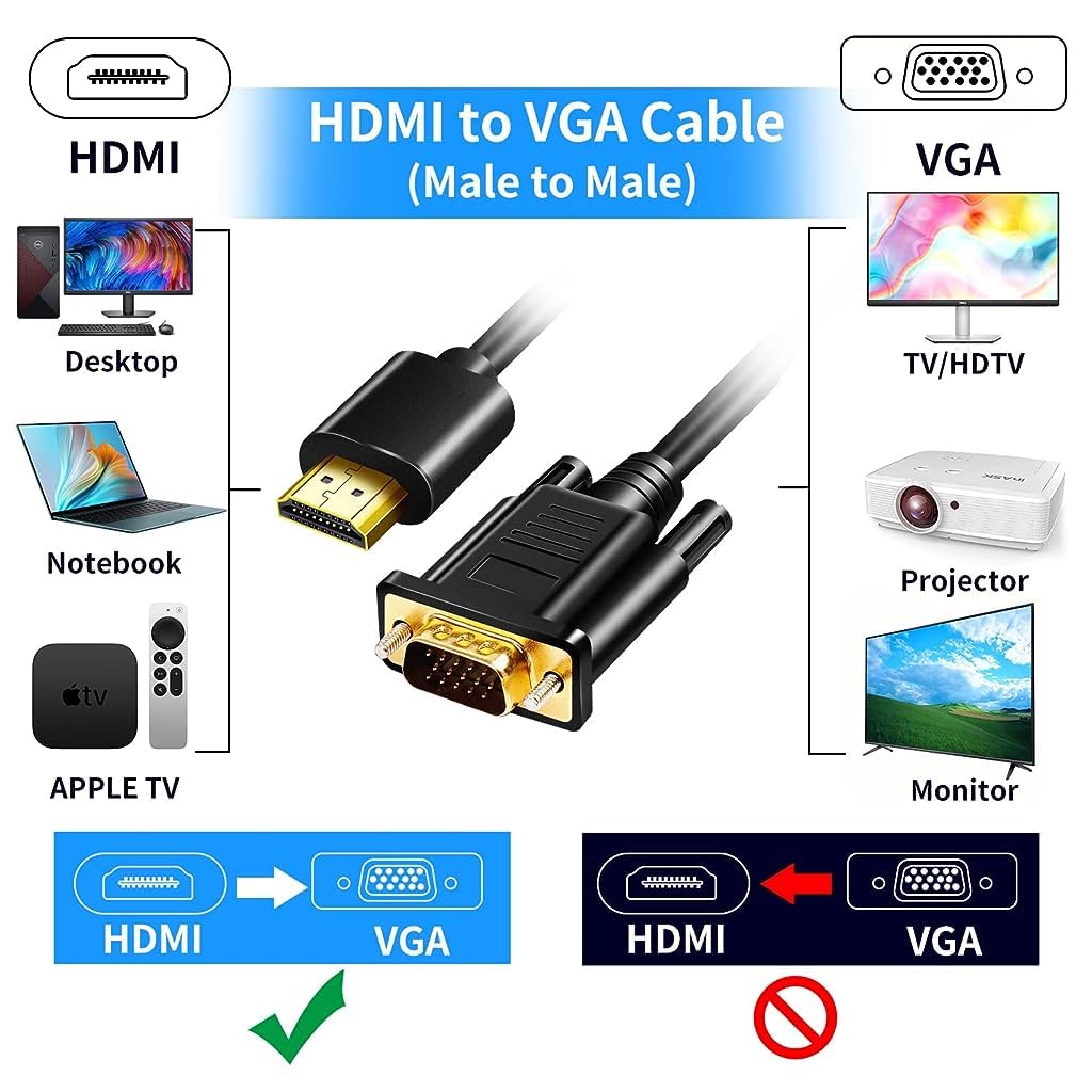 ZORBES® HDMI to VGA Cable HDMI to VGA Converter HDMI to VGA Adapter Male to Male Cable Golden Plated Connector HDMI to VGA for Desktop, Projector, HDTV, Raspberry Pi, Roku, Xbox (4.9ft/1.5m)